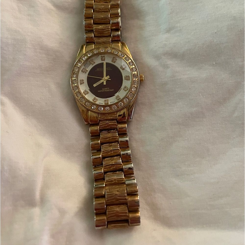 Large Echo Gold Mens BLING watch. Burgundy face. Crystals around face.